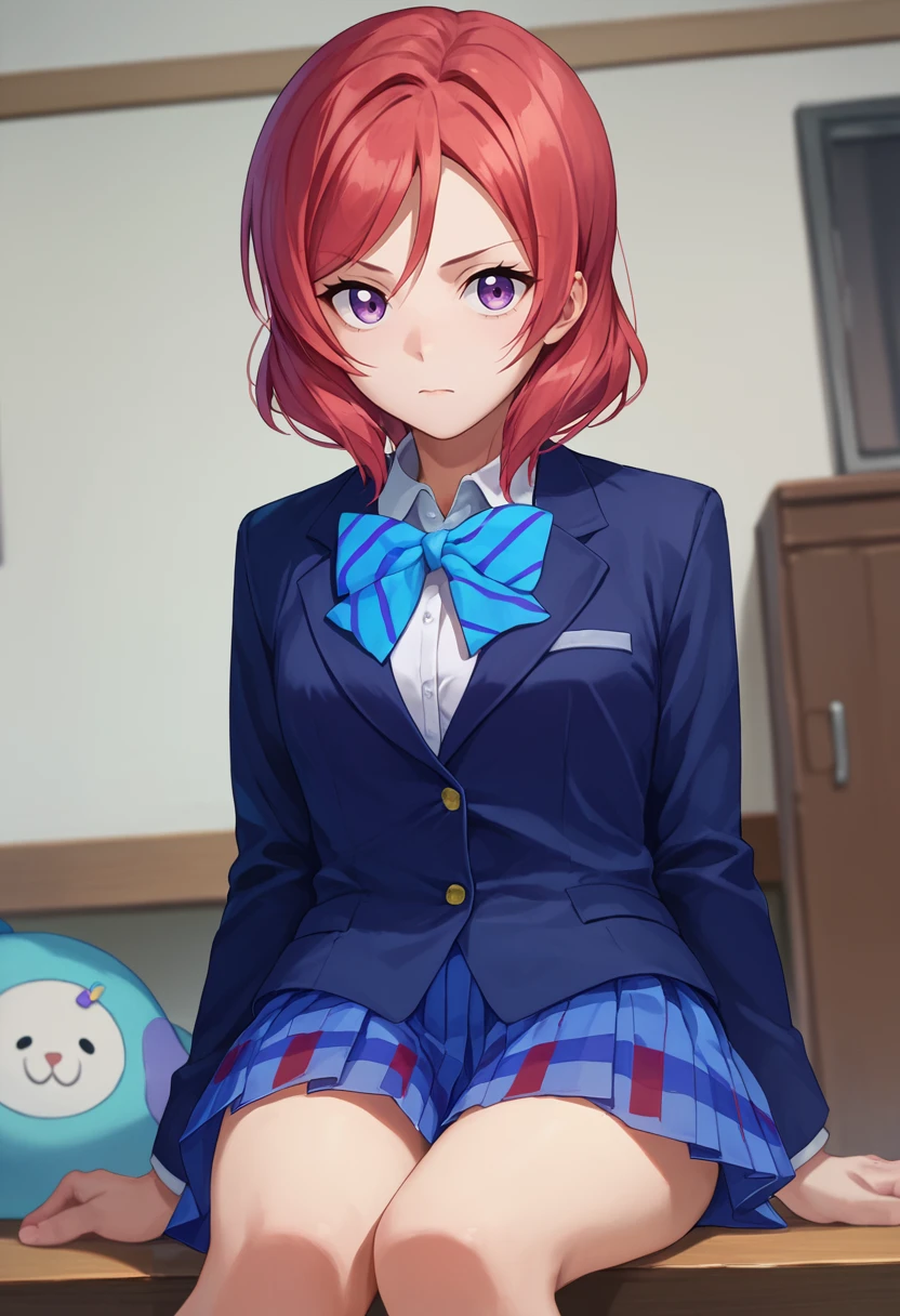 score_9, score_8_up, score_7_up, 1girl, solo,   Nishikino maki, red hair, purple eyes, short hair, aqua bow, blue blazer, pleated skirt,  indoors,     <lora:Nishikino Maki TEST-000007:1>