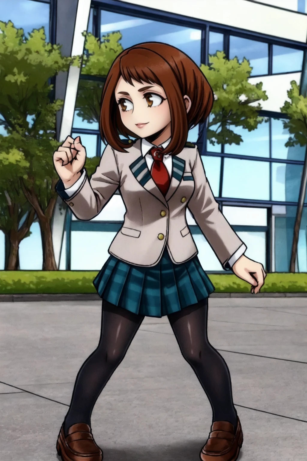 uraraka ochako, 1girl,solo,full body, brown hair,brown eyes,short hair,smile,medium breasts,u.a. school uniform,white collared shirt,red necktie,epaulettes,grey jacket,green pleated skirt,black pantyhose,long sleeves,brown shoes,street,city,fighting stance,grey blazer, (best quality, masterpiece)   <lora:ochako_v1:1>  <lora:dissidia_v1:0.8>