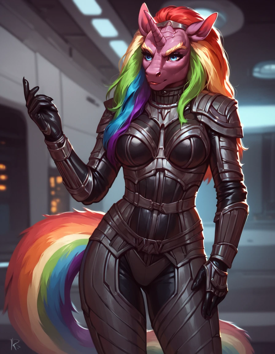 score_9, score_8_up, score_7_up,
anthro ((unicorn klingon)), 
 long  rainbow hair, rainbow tail, pose,
spaceship background,
<lora:klingon:1>