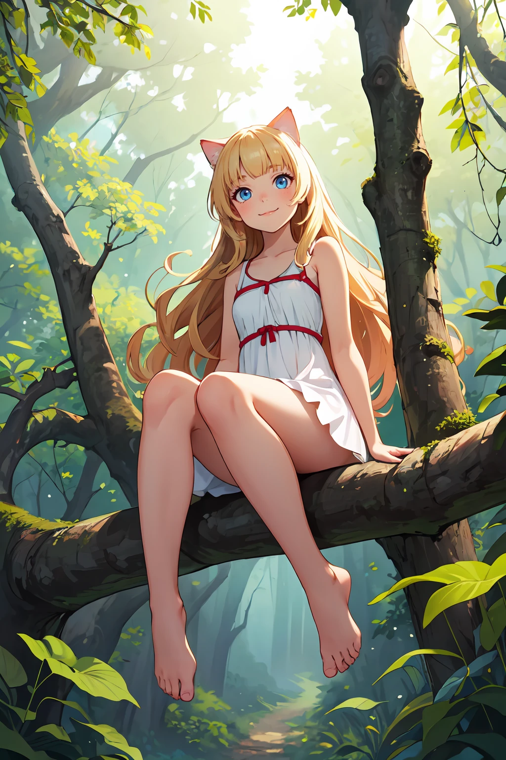 full body of cat girl sitting on branch in forest,best quality,highres,from below,cute,barefoot,white sundress,long hair,wavy hair,blonde hair,bangs,blue eyes,looking at viewer,light smile,closed mouth,scenery,<lora:GoodHands-beta2:1>