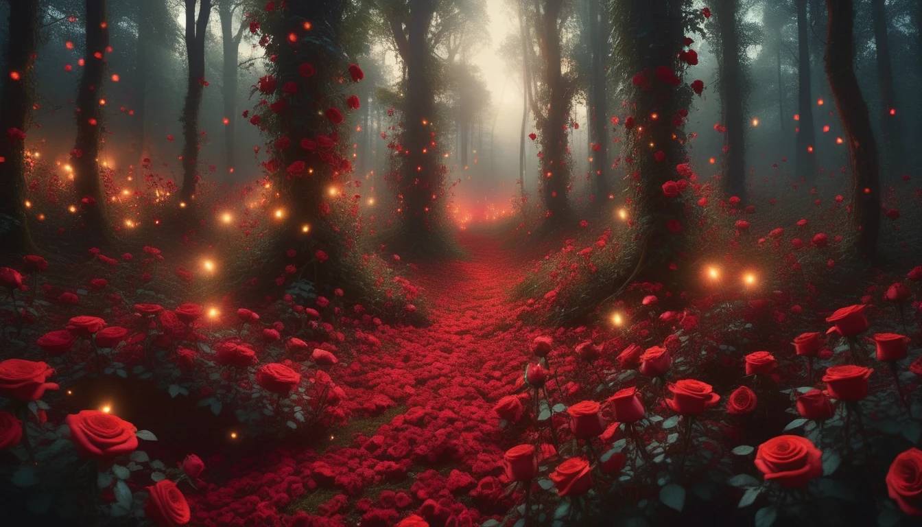 xslx, vibrant cinematic photograph of a lush carpet of scarlet roses, radiating an ethereal glow, situated in a mystical, misty forest clearing at dusk, where the air is alive with twinkling fireflies and whispers of ancient secrets in a kaleidoscope of warm, bold colors, including velvety reds, burnt oranges, and soft, golden luminescence, highly detailed <lora:xslx-rebel:1.5>