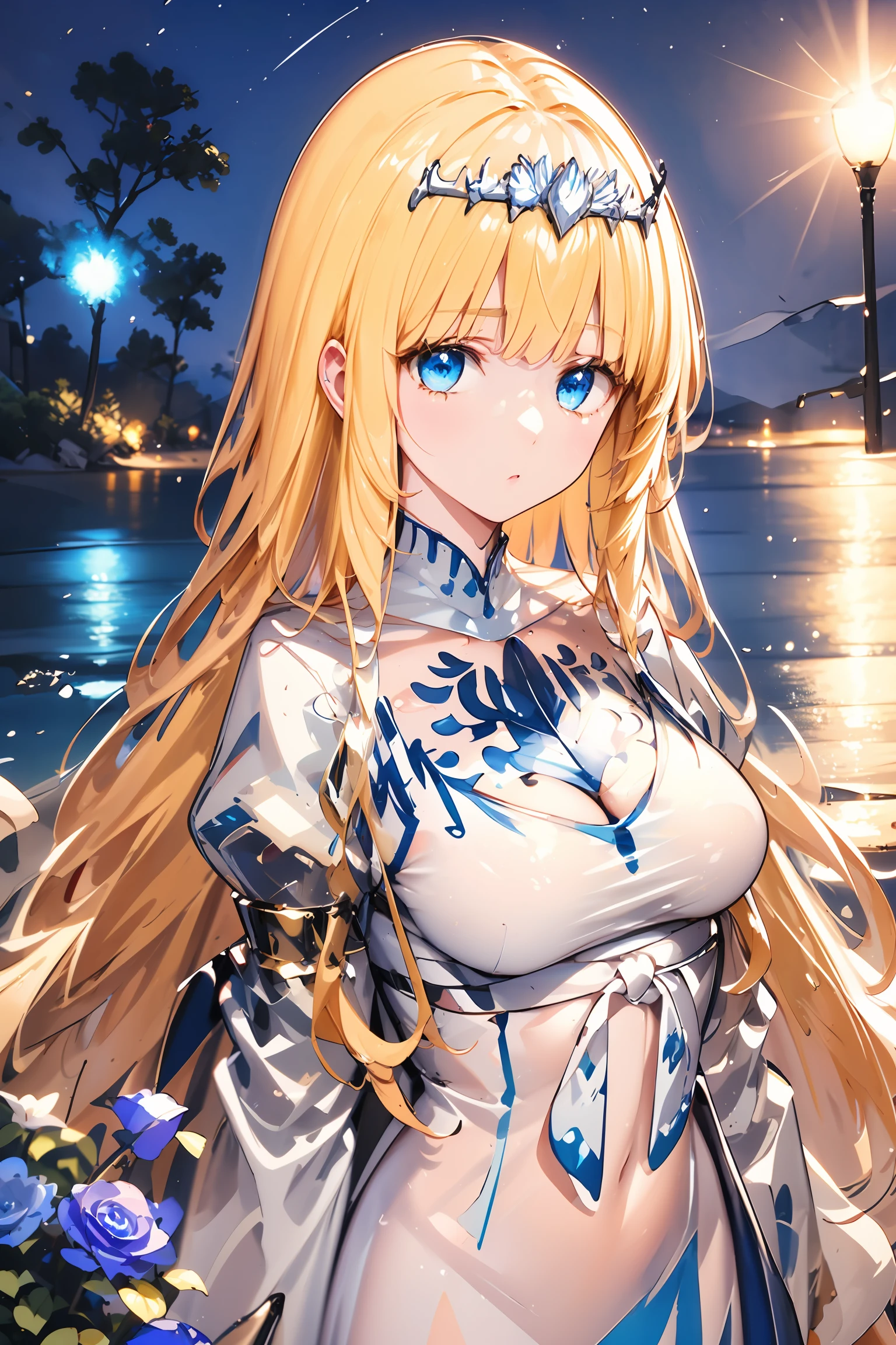 masterpiece, best quality, ultra detailed, extremely detailed, wallpaper (surrounding with blue flames, night, indigo flowers, water, flow, volumetric light, fantasy environment), 1girl, solo, Calca, Calca Bessarez, blonde hair, (extremely long hair:1.3), very long hair, white tiara, white dress, blue eyes, medium chest, medium breast, yellow hair color<lora:EMS-257251-EMS:0.300000>, <lora:EMS-253082-EMS:0.300000>, <lora:EMS-50097-EMS:0.300000>, <lora:EMS-326050-EMS:0.300000>, <lora:EMS-390959-EMS:1.200000>