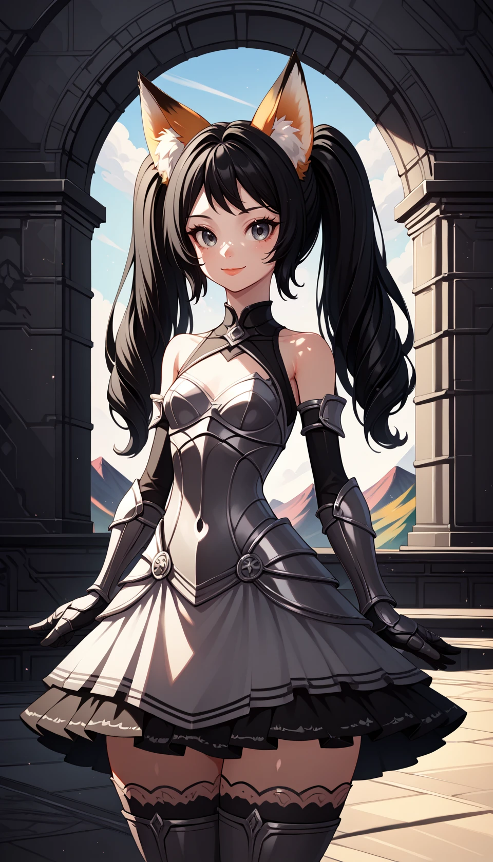 score_9, score_8_up, BREAK
solo, elinxl, black hair, fox ears, twintails, 
black and white dress, detached sleeves, gothic style, thighhighs, armored dress, armored gloves, 
looking at viewer, closed mouth, light smile, straight-on, cowboy shot, 
outdoors, 
detailed background, 
colorful, drop shadow, light particles, 
masterpiece, best quality, very aesthetic, absurdres, 
<lora:Elin_Pony:1>