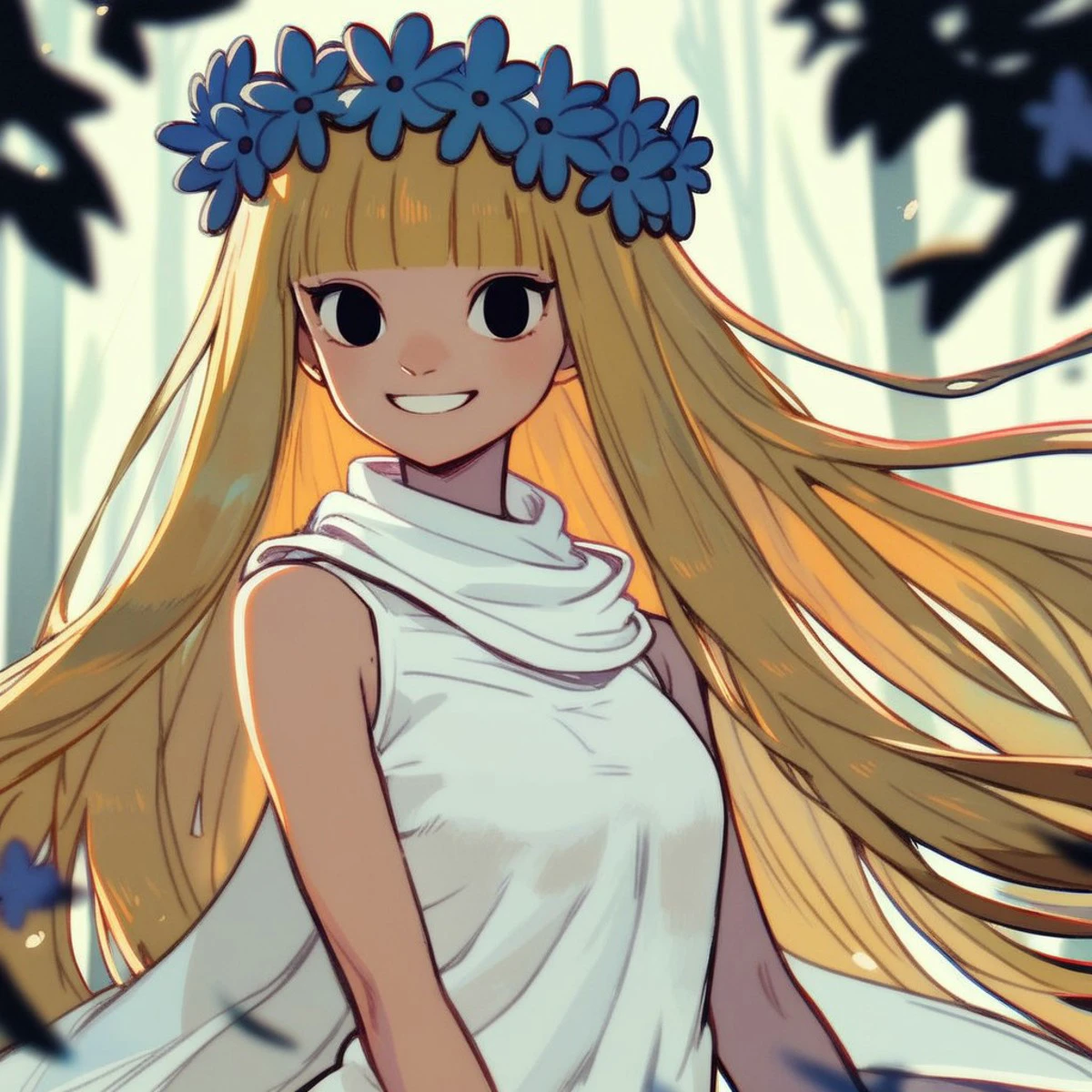 1girl, score_9, score_8_up, score_7_up BREAK amalka, long blonde hair, blunt bangs, black eyes, blue flower crown, white scarf, long white sleeveless dress, cowboy shot, forest background, smiling at viewer, closeup, mlmnr style,