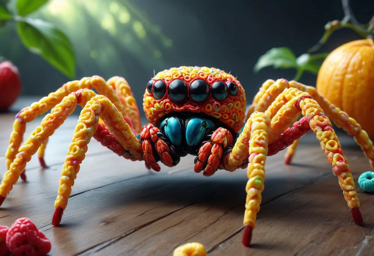 made of Fruit loops , epic digital picture of a giant Spider that waits for its prey to spin it up, masterpiece, dramatic cinematic lighting, unforgettable, very intricate, high detail , photorealistic detail, ultra-realism , photorealistic,  ultra detailed ,octane render,    <lora:FruitLoopStyle_epoch_9:0.4>  <lora:SDXLFaeTastic2400:0.5>