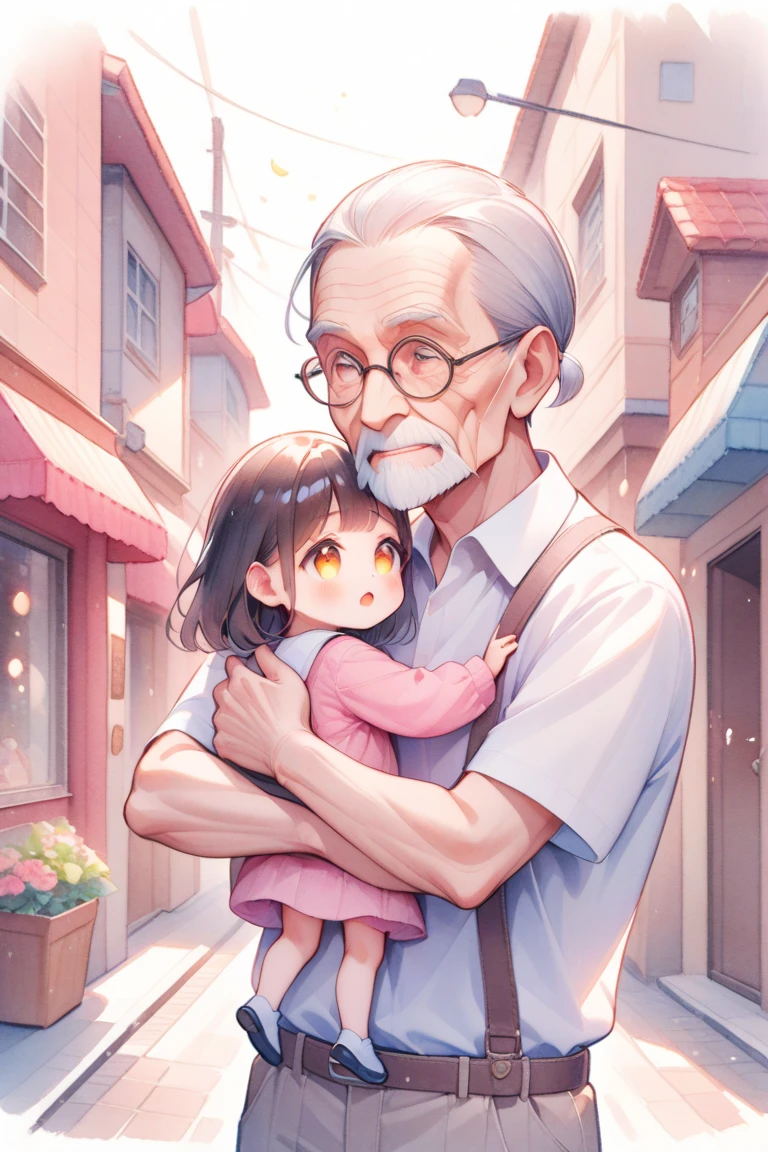 pencil style,watercolor,child_and_oldman\(1girl, 1old man\),lifting small girl,hugging up,<lora:child_and_oldmanXL16:1>,detailed eyes,street,