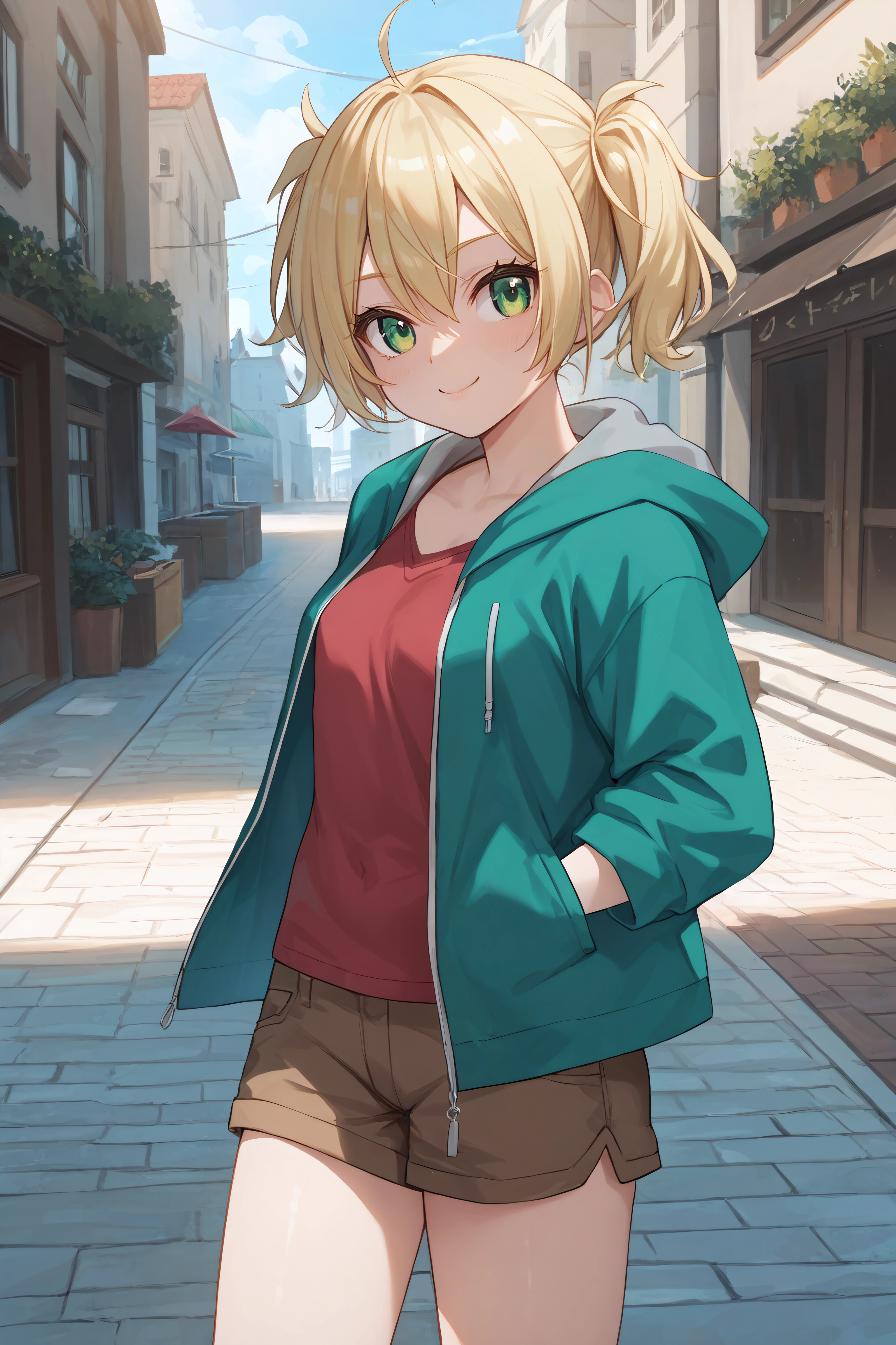 score_9, score_8_up, score_7_up, BREAK source_anime, <lora:Young Cal Devens-PonyXL-lora-Faxtron:0.8> young cal devens, green eyes, blonde hair, short twintails, red shirt, green hooded jacket, brown shorts,