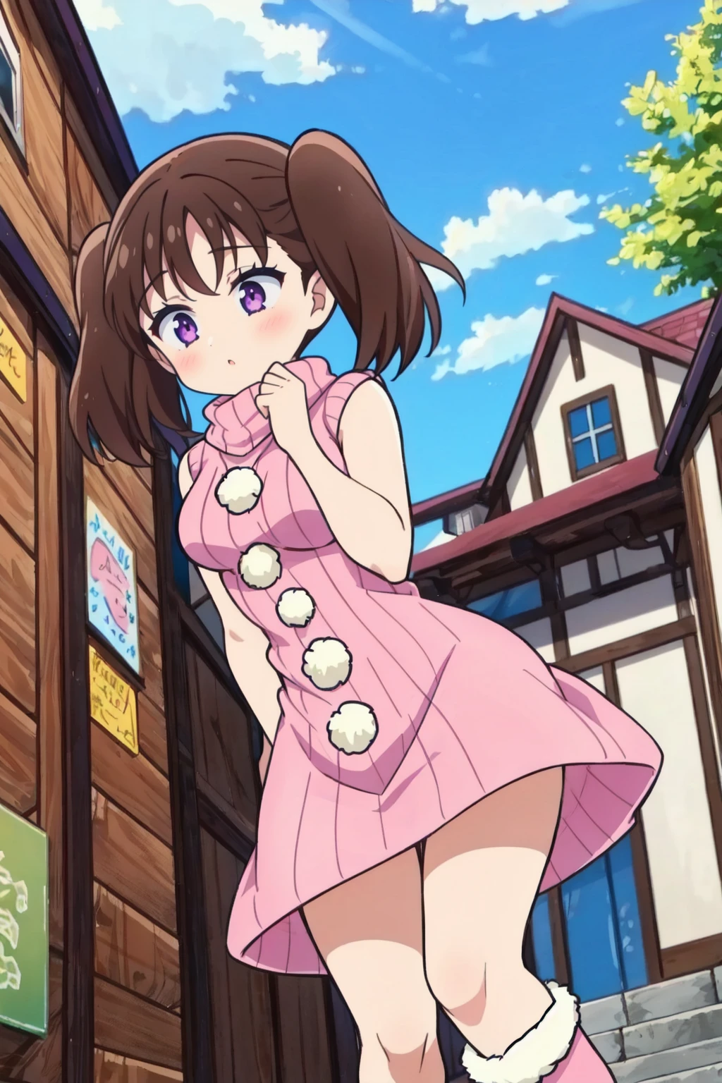 diane,1girl,purple eyes, brown hair, twintails, pink sweater dress, short dress,sleeveless,white pom pom \(clothes\), walking, town,outdoors,medium breasts,turtleneck, pink fur-trimmed boots,medium hair, (from below:0.8), (best quality, masterpiece) <lora:diane_v1:1>