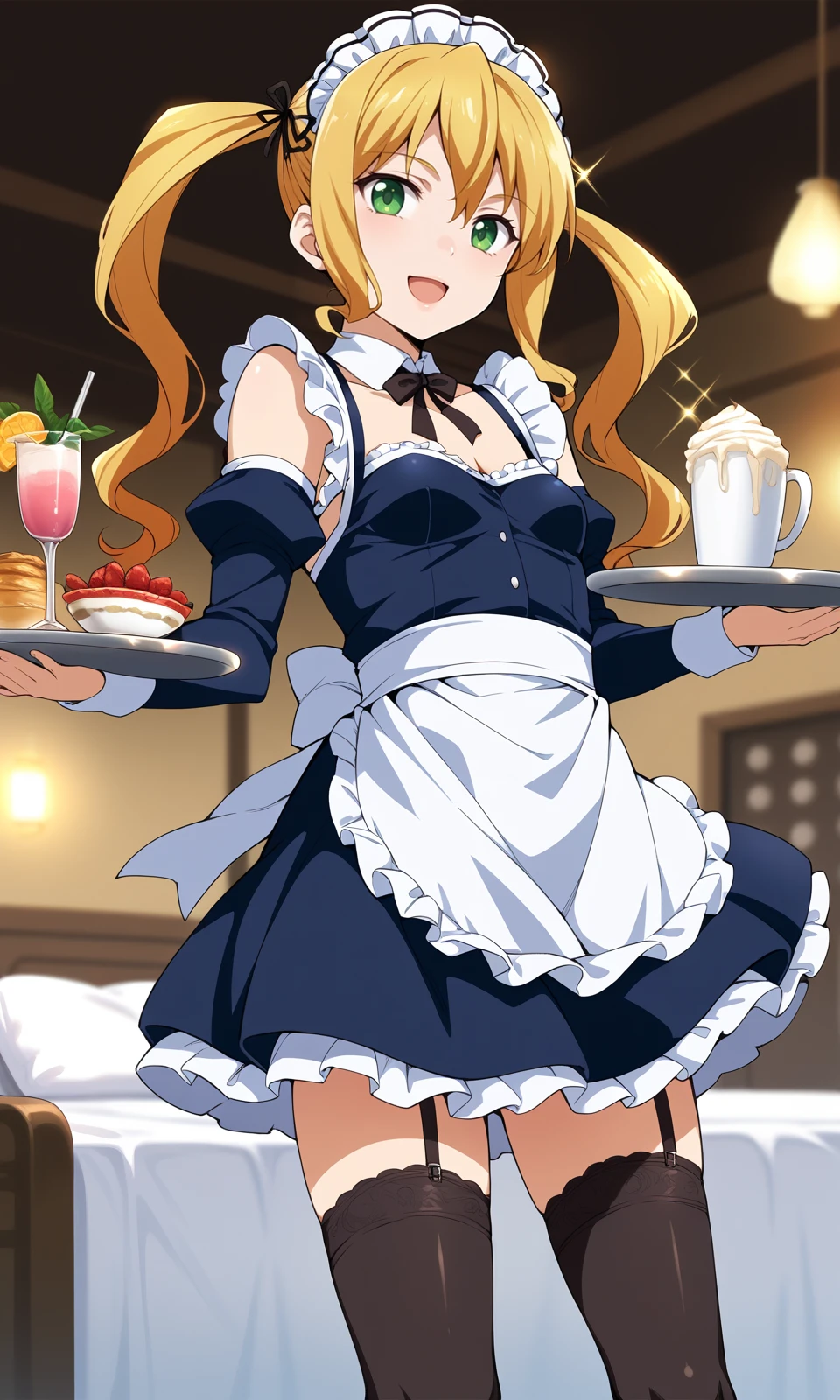 score_9, score_8_up, score_7_up, score_6_up, BREAK
1girl, himegamikodama, apron, black legwear, blonde hair, breasts, cleavage, cup, detached sleeves, enmaided, garter belt, garter straps, long hair, maid, maid headdress, medium breasts, open mouth, solo, sparkle, standing, thighhighs, tray, twintails, waitress, green eyes,
looking at viewer, closed mouth, light smile,
indoors, 
<lora:HimegamiKodama_Pony1:1>