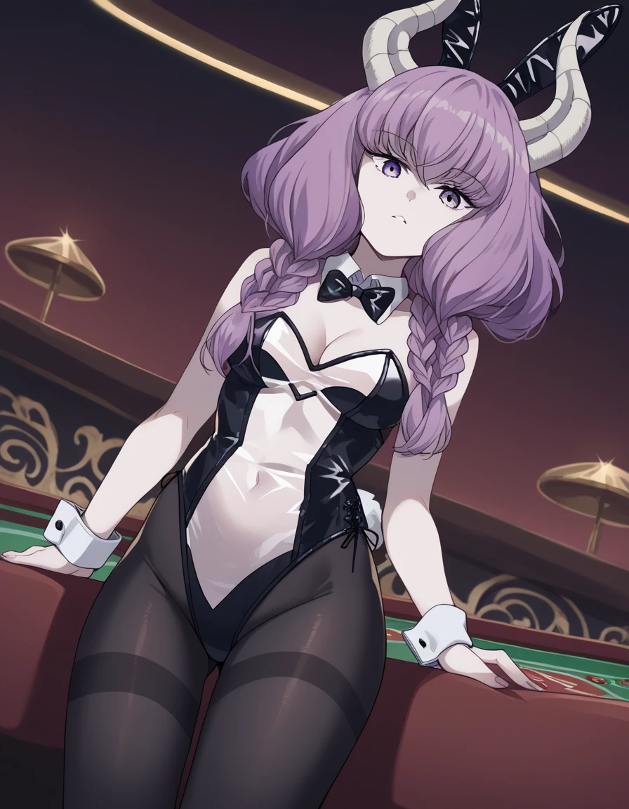score_9, score_8_up, score_7_up, source_anime,
auratheguillotine, <lora:aura-the-guillotine-s1-ponyxl-lora-nochekaiser:1>,
aura the guillotine, long hair, purple eyes, purple hair, braid, horns, twin braids,
<lora:translucent-bunnysuit-ponyxl-lora-nochekaiser:1>, translucent bunnysuit, bow, animal ears, cleavage, bare shoulders, pantyhose, bowtie, rabbit ears, leotard, black pantyhose, strapless, black bow, detached collar, fake animal ears, playboy bunny, strapless leotard, thighband pantyhose, black bowtie,
casino,
cowboy shot, solo, dutch angle, looking at viewer,
