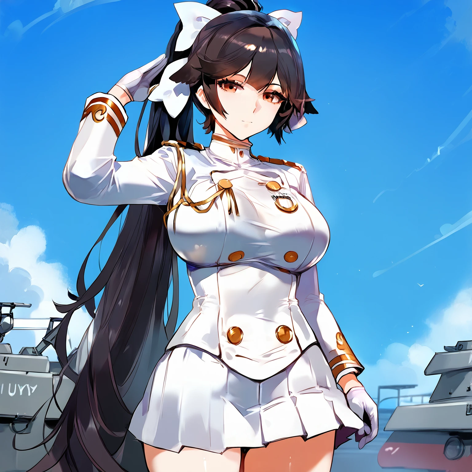 score_9, score_8_up, score_7_up, score_6_up, score_5_up, uncensored, source_anime, namelessk, shinyskin, shiny skin, zPDXL2, BREAK,
takaodf, 1girl, gloves, breasts, black hair, solo, skirt, long hair, white gloves, large breasts, pleated skirt, ponytail, uniform, bow, military uniform, military, hair bow, white bow, very long hair, looking at viewer, white skirt, aiguillette, long sleeves, brown eyes, jacket, white jacket, salute, miniskirt, buttons, closed mouth, half gloves, double-breasted
<lora:add-detail-xl:1> <lora:Takao_-_Azur_Lane:1> <lora:Nameless_king_style:1>