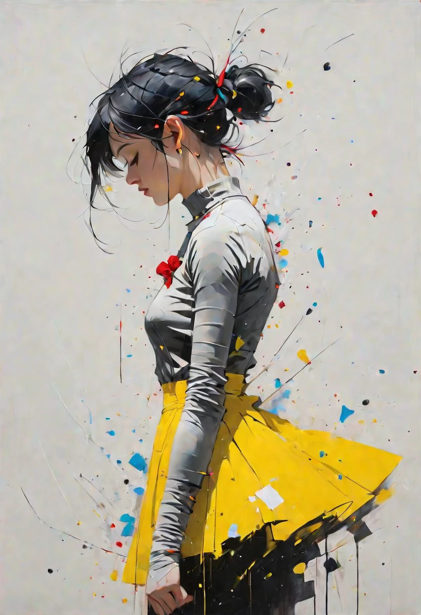 a painting of a woman wearing a yellow dress, in the style of joram roukes, dance, neil gaiman, graceful movements, stanley pinker, made of glass, disintegrated