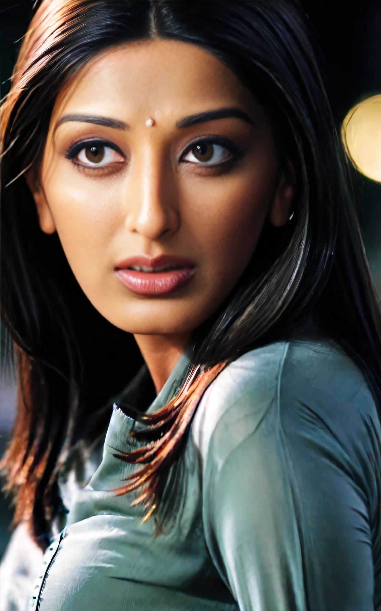 portrait photo of sonali bendre woman, solo, tightly tied hair, serious look, looking at the camera,  Olive clothing, night time, contrasting background bokeh    <lora:Sonali_Bendre_SDXL_LoRA_prodigy_local:1>