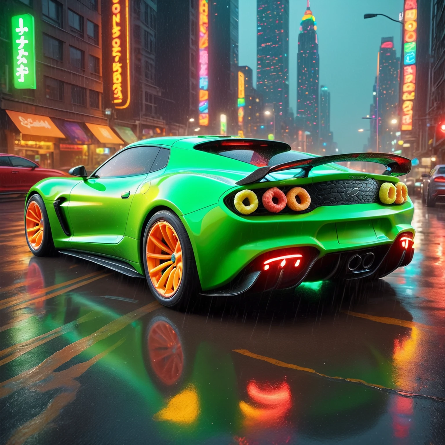 made of Fruit loops , epic digital picture of a sportscar driving on n a road in a futuristic city surrounded by city lights , intricate vinyls ,the car got underground neon lights in green, highly detailed, at night, rainy, masterpiece, dramatic cinematic lighting, unforgettable, very intricate, high detail , photorealistic detail, ultra-realism , photorealistic,  ultra detailed ,octane render,    <lora:FruitLoopStyle_epoch_9:0.5>