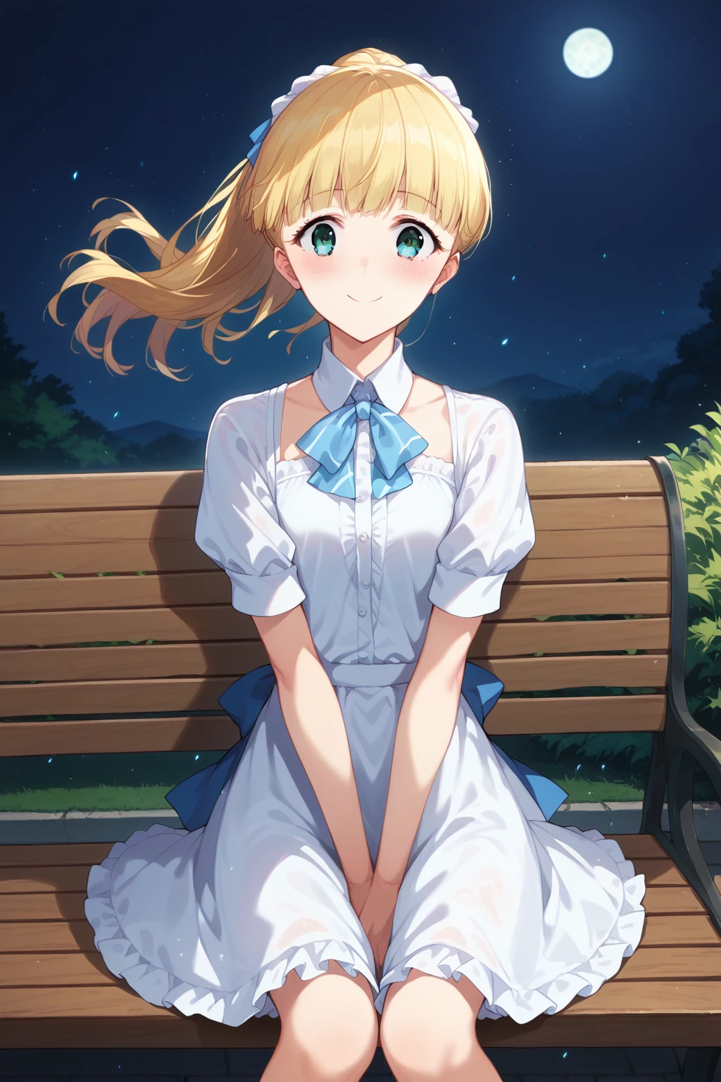 (score_9, score_8_up:1.1), score_7_up, teresa wagner, 1girl, solo, blonde hair, bangs, ponytail, white frilly dress, looking at viewer, smile, blush, sitting, bench, outdoors, night, moon, light perticles, wind particles, highly detailed,