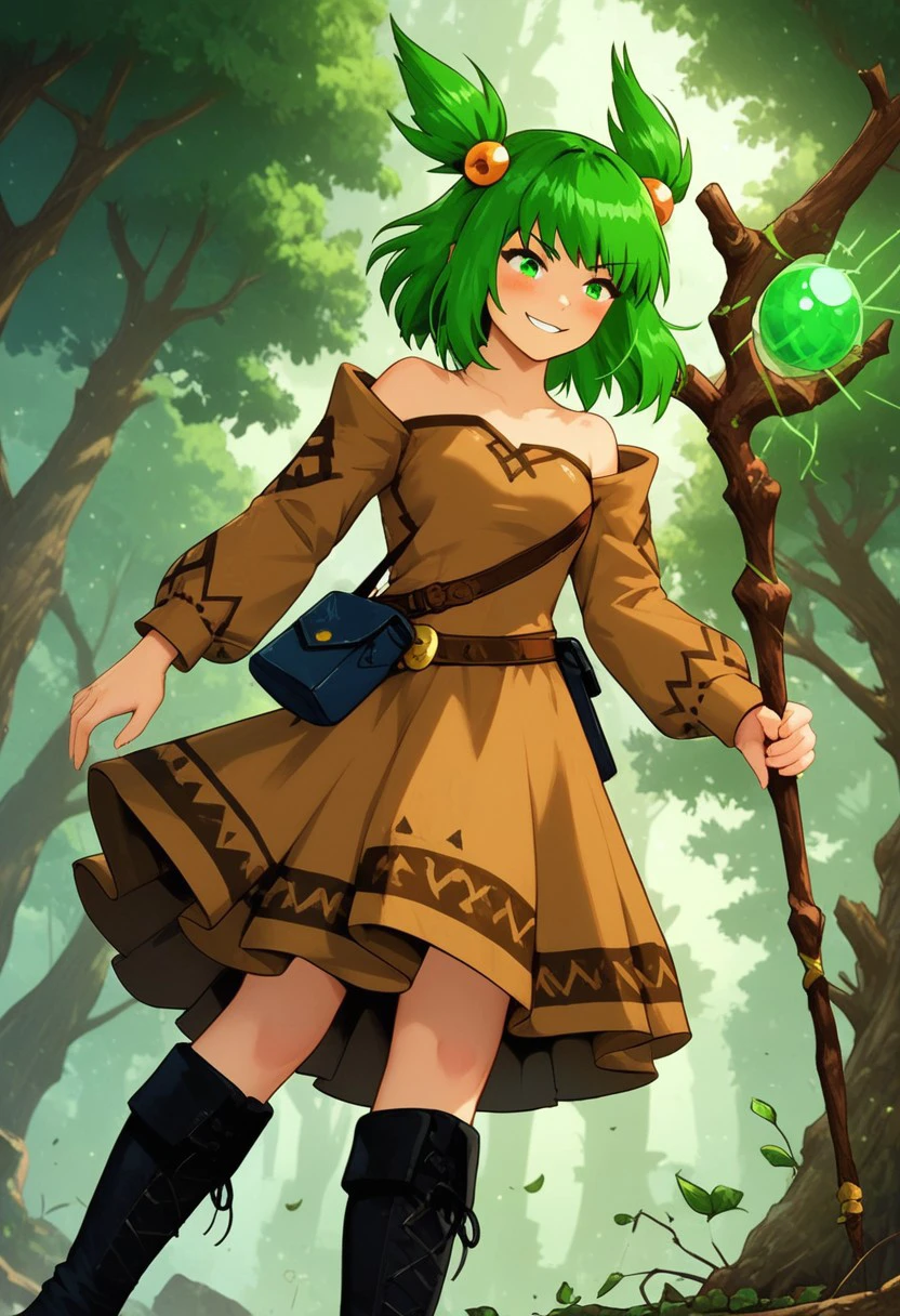 Action Scene, Action Pose, score_9, score_8_up, score_7_up, realistic, masterpiece, best quality, highly detailed, Expressiveh, flushed, Leg, 
1girl, Anna, (/Epic Battle Fantasy)/,(ultra HD quality details), green hair, green eyes, medium hair, multiple ponytails, hair ornament,
brown dress, long sleeves, bare shoulder, leather bag, satchel pouch bag, satchel bag, pouch bag, black boots, boots, black boot belt, black pouch bag, branch staff, magic staff, tree staff,
 Low Angle View, smug smiling, Bangs, darkness, blushed skin, galaxy vortex, translucent hair, smug Smile,