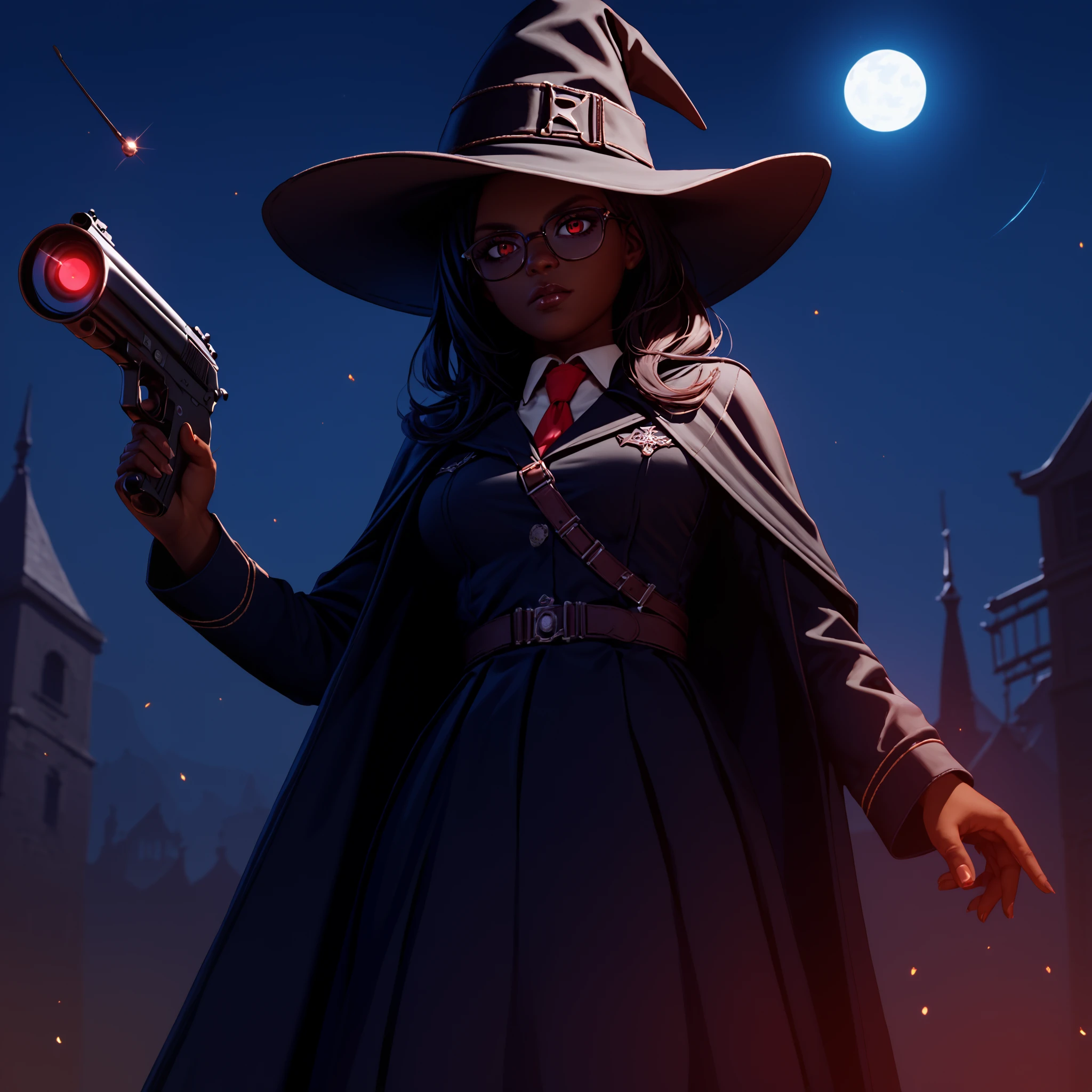 score_9, score_8_up, score_7_up, score_6_up, score_5_up, score_4_up, <lora:BMU-000007:0.99> bmu, uniform, 1girl, dark_skin, skirt, red_tie, witch_hat, casting_spell, magic, holding_gun, cloak, glasses, red_eyes, black_hair, very_long_hair, handgun, night_sky, from_below, long_skirt, long_sleeves, , (high quality, detailed, beautiful)