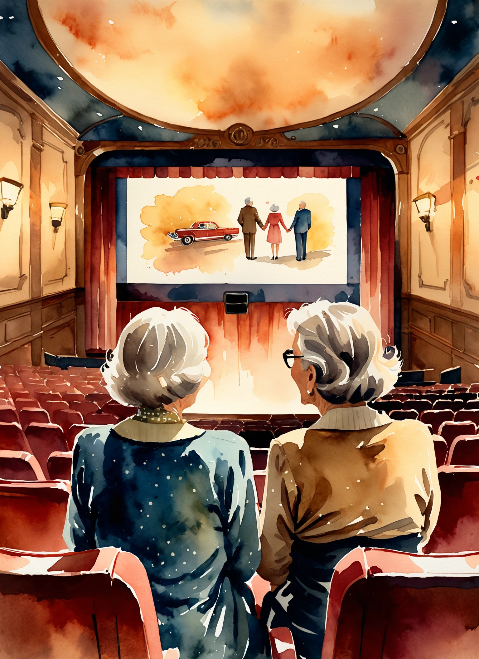 Medium perspective watercolor painting, (Aged couple reminiscing in movie theater:1.3), Symmetrical composition, Vintage attire, Nostalgic setting, (Timeless love:1.2), Old-fashioned decor, Flickering screen, (Quiet nostalgia:1.2), Soft cinematic lighting, Cozy atmosphere, Warm hues