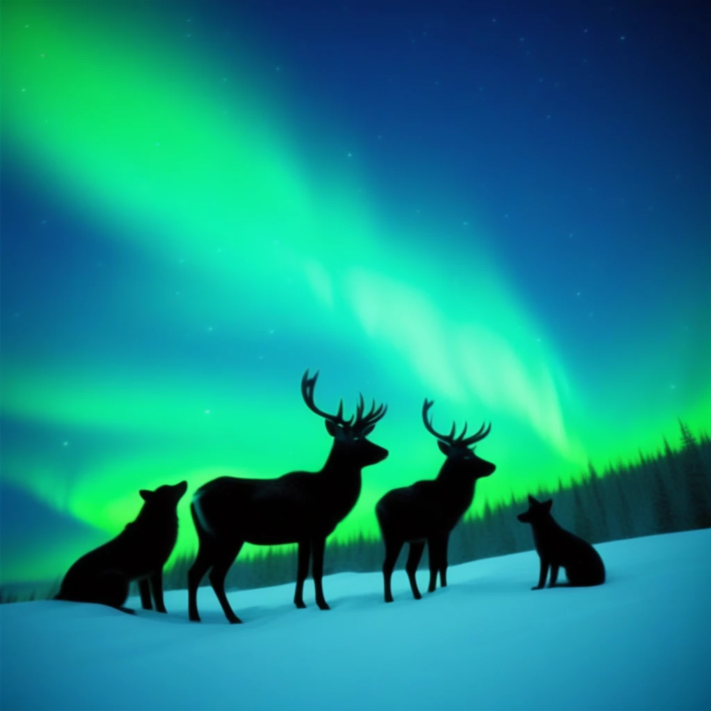 A group of animals gazes at the night sky, mesmerized by the dancing aurora and stars, night sky, aurora, stars, chromatic aberration.