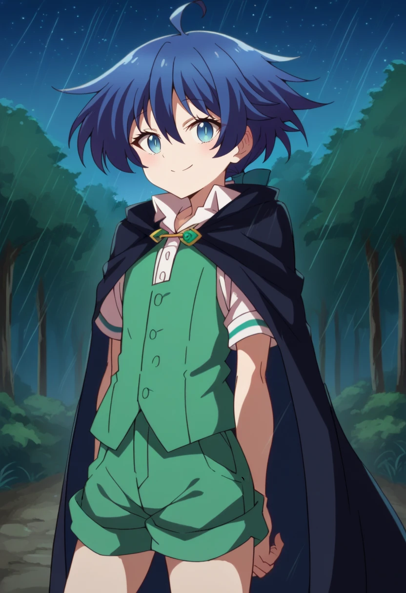 score_9, score_8_up, score_7_up, source_anime BREAK  looking at viewer, solo, 1girl, cowboy shot, 
<lora:LloydDwnstyPdxl:1>, lloyd_cloak, blue eyes, blue hair, short hair, low ponytail, hair between eyes, hair bow, green shorts, green vest, ahoge, black cape, black jacket, collared shirt, 
evil smile, 
outdoors, forest, rain, nature, starry sky,  moonlight,
 <lora:7thPrinzIsekaiDwnstyArtstyle:1>