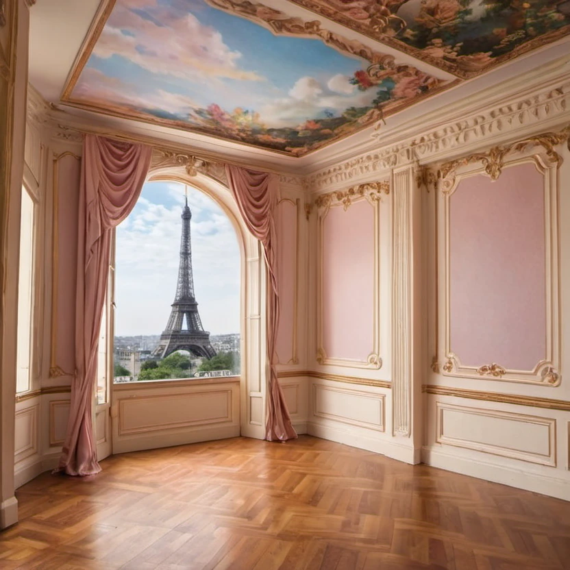 Dreamscape room with open wall , paris eiffel tower,
Trompe Lâoeil style . Surreal, ethereal, dreamy, mysterious, fantasy, highly detailed