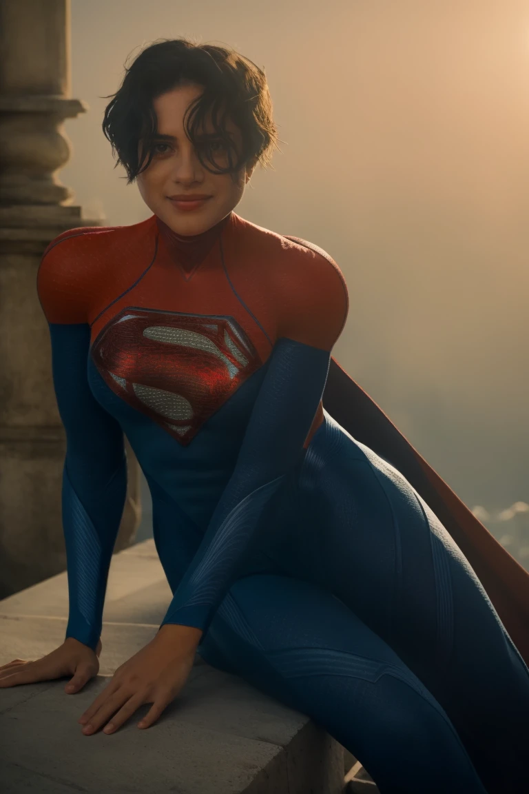 1girl, sitting on ledge, smile, teeth, (blurry background), looking at viewer, detailed face, soft lighting, (high detailed skin:1.1)
<lora:skin_texture_v2:0.5> <lora:supergirl_tf_lora_v02:1> 5uper, bodysuit, red cape, short hair, superhero