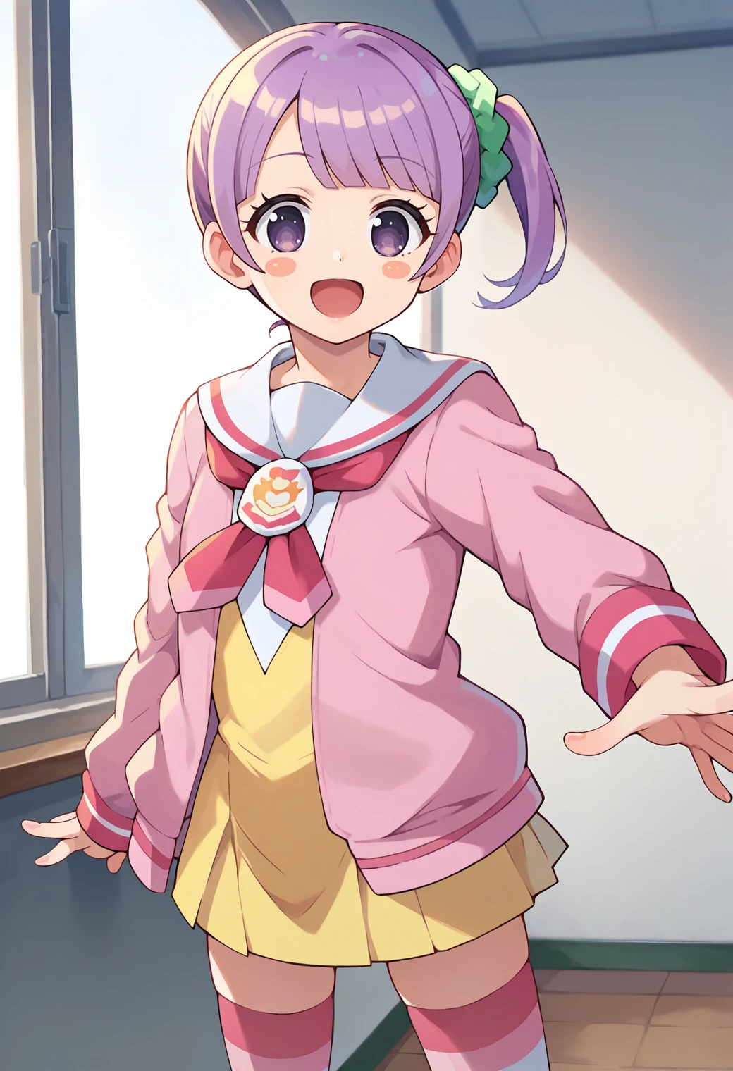 score_9, score_8_up, score_7_up, score_6_up, score_5_up, score_4_up, source_anime,
defnonb, side ponytail, hair scrunchie, blush stickers,
school uniform, white sailor collar, yellow dress, pink jacket, thighhighs, striped, shoes,
looking at viewer, smile, open mouth,
<lora:_manaka_non-elesico-pony-e12:0.9>