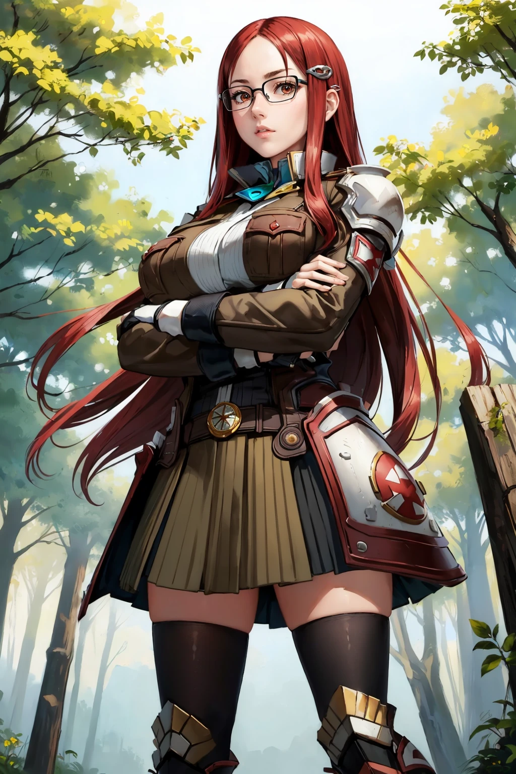 masterpiece, best quality, 1girl,   <lora:vc4minerva-nvwls-v1-000009:0.9> vc4minerva, hairclip, glasses, brown jacket, uniform, shoulder pads, armor, fingerless gloves, green miniskirt, black thighhighs, knee pads, brown boots, large breasts, (huge breasts:0.8), crossed arms, serious, looking at viewer, from below, blue sky, forest