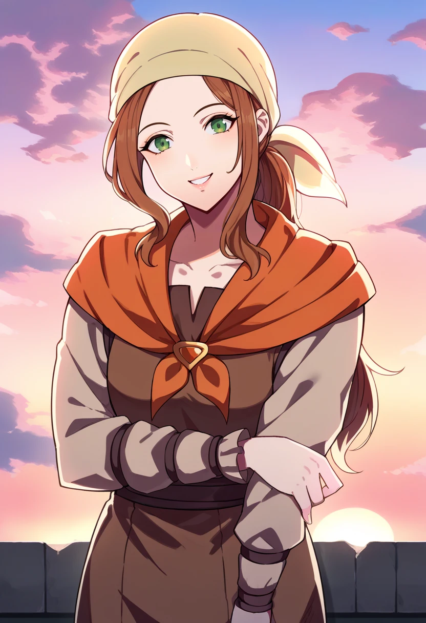 score_9, score_8_up, score_7_up, source_anime BREAK solo, 1girl, <lora:Fates-villager-maiden-pdxl_Fp-000005:1>,fatesvillagemaiden, ponytail, bandana, brown hair, green eyes, brown shirt, long sleeves, neckerchief, pants,   <lora:FE3H-S-Rank-pdxl_Fp:1>, sky, cloud, sunset, smile, looking at viewer,