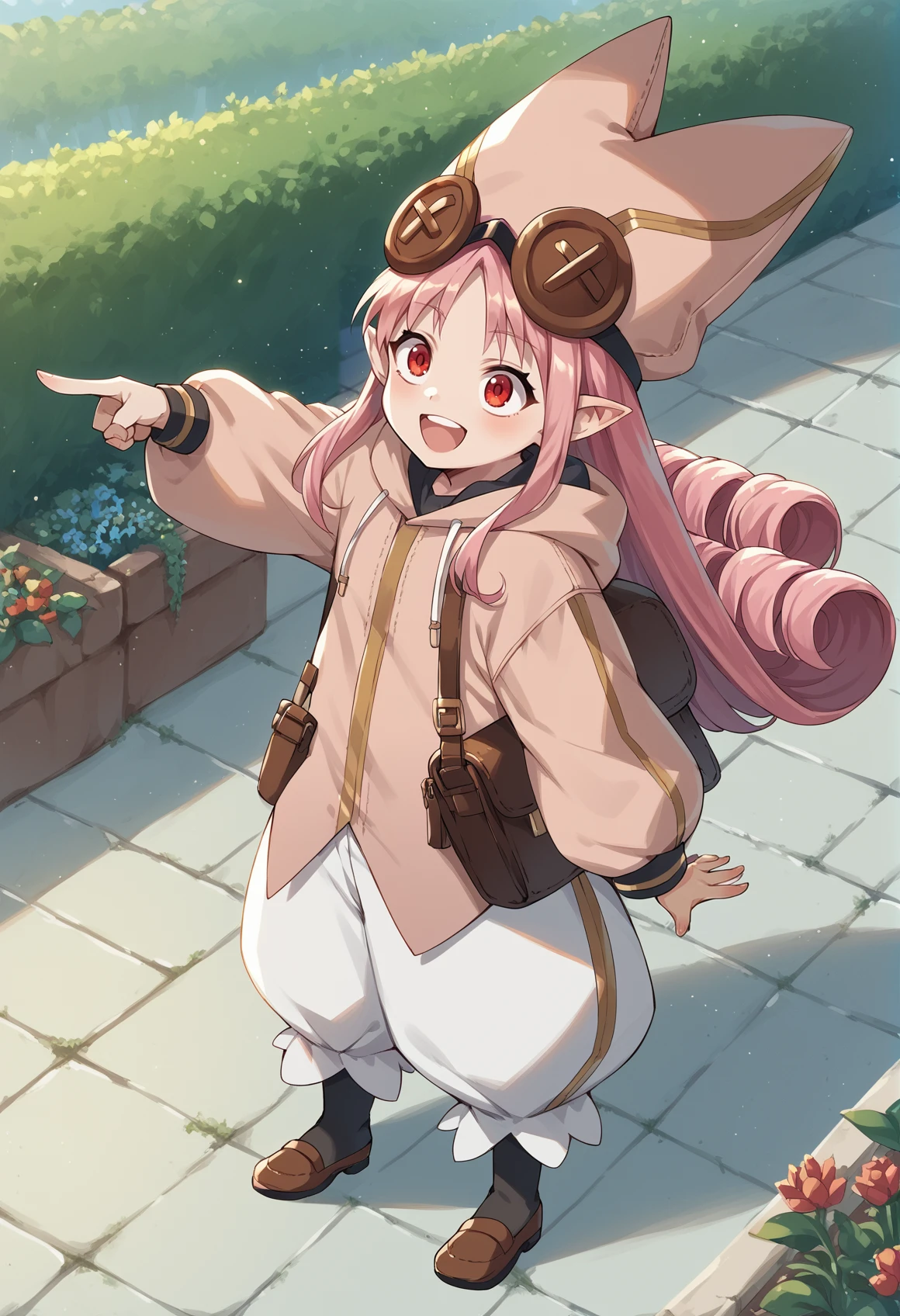 1girl, minigirl, long hair, sidelocks, pink hair, red eyes, pointy ears, hat, Goggles On Head, hoodie, bag, baggy pants, socks, brown footwear, standing, pointing up, smile, open mouth, outdoors, garden, from above
 <lora:Habetrot:1>, score_9, score_8_up, score_7_up, score_6_up, score_5_up, score_4_up, BREAK source_anime, masterpiece