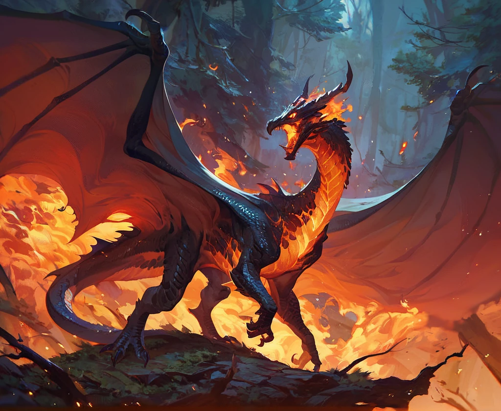 (score_9:1.5), (score_8_up:1.2), score_7_up, score_6_up, fierce female feral black dragon with glowing eyes is standing in front at a forest fire at night, solo, side view, open mouth, wings, fullbody, nature, burning trees, dark, detailed scales, forest background, epic  <lora:ponydragon-xl-v1:1>