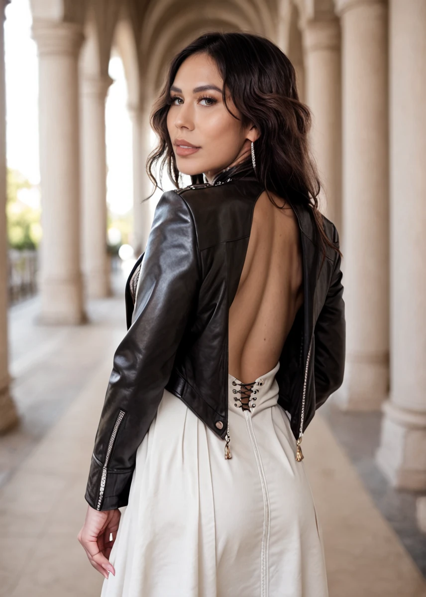 score_9, score_8_up, score_7_up, A captivating masterpiece, photo, realistic, 1 woman, (white leather dress, black jacket), half body, sideways from behind, looking at the viewer, studio lighting, background blurred, 8k,<lora:MS_JenaLaRose_V1_Pony:0.8>, elegant, ornate clothing, high contrast, dramatic shadows, mysterious, cinematic,,