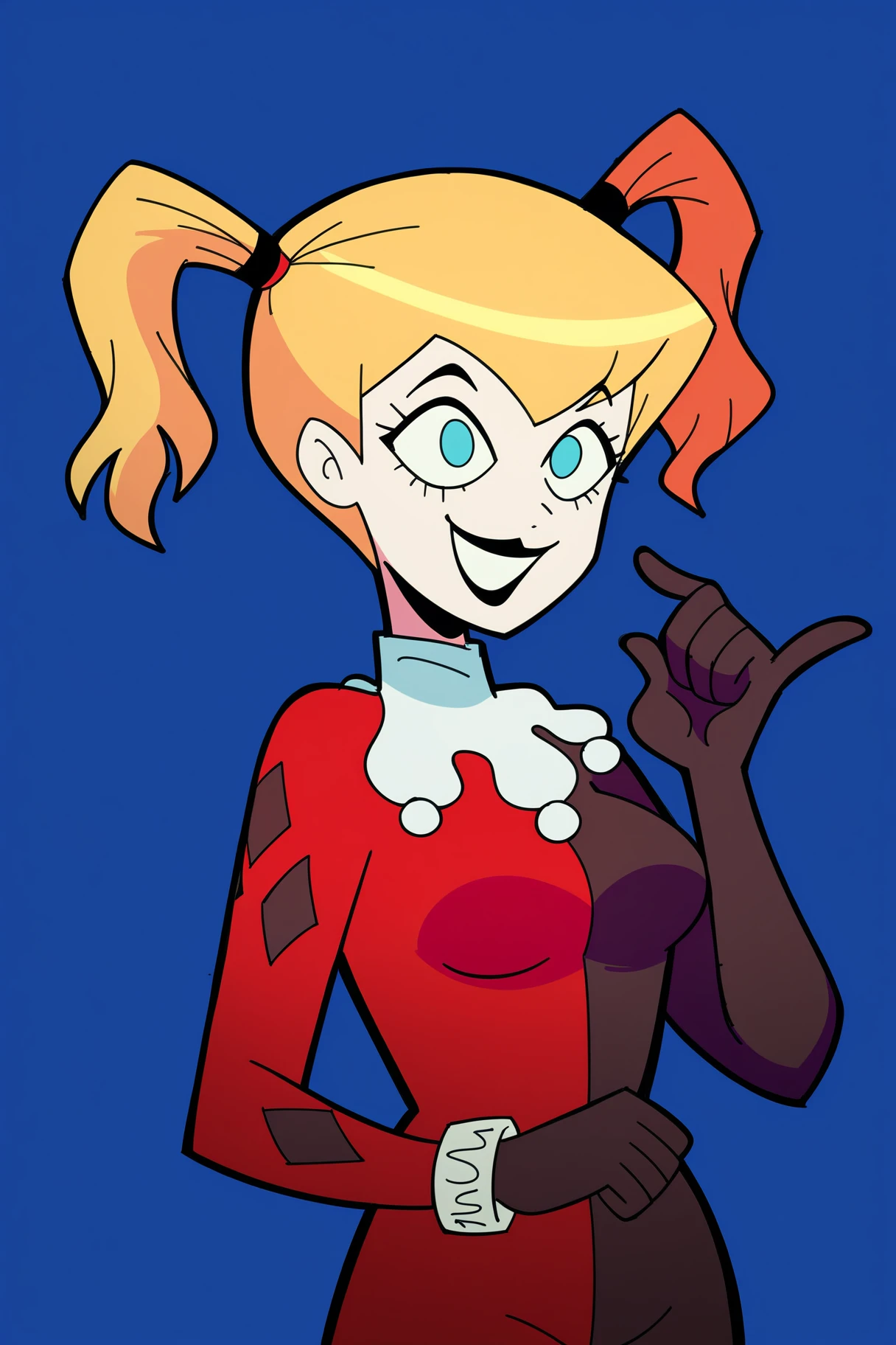 score_9, score_8_up, score_7_up, score_6_up, score_5_up, score_4_up, 1girl, solo, blue eyes, smile, gloves, harley quinn, harlequin, blue background, simple background, breasts, black lips, lipstick, blonde hair, black gloves, medium breasts, open mouth, hand up, flat color, finger to own chin