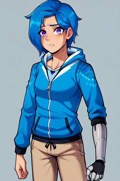 Anime, score_9, score_8_up, score_7_up,BREAK, 1girl, Tari, Blue Hoodie, tan pants, Mechanical Arm, Blue Hair, Purple Eyes<lora:EMS-410457-EMS:1.000000>