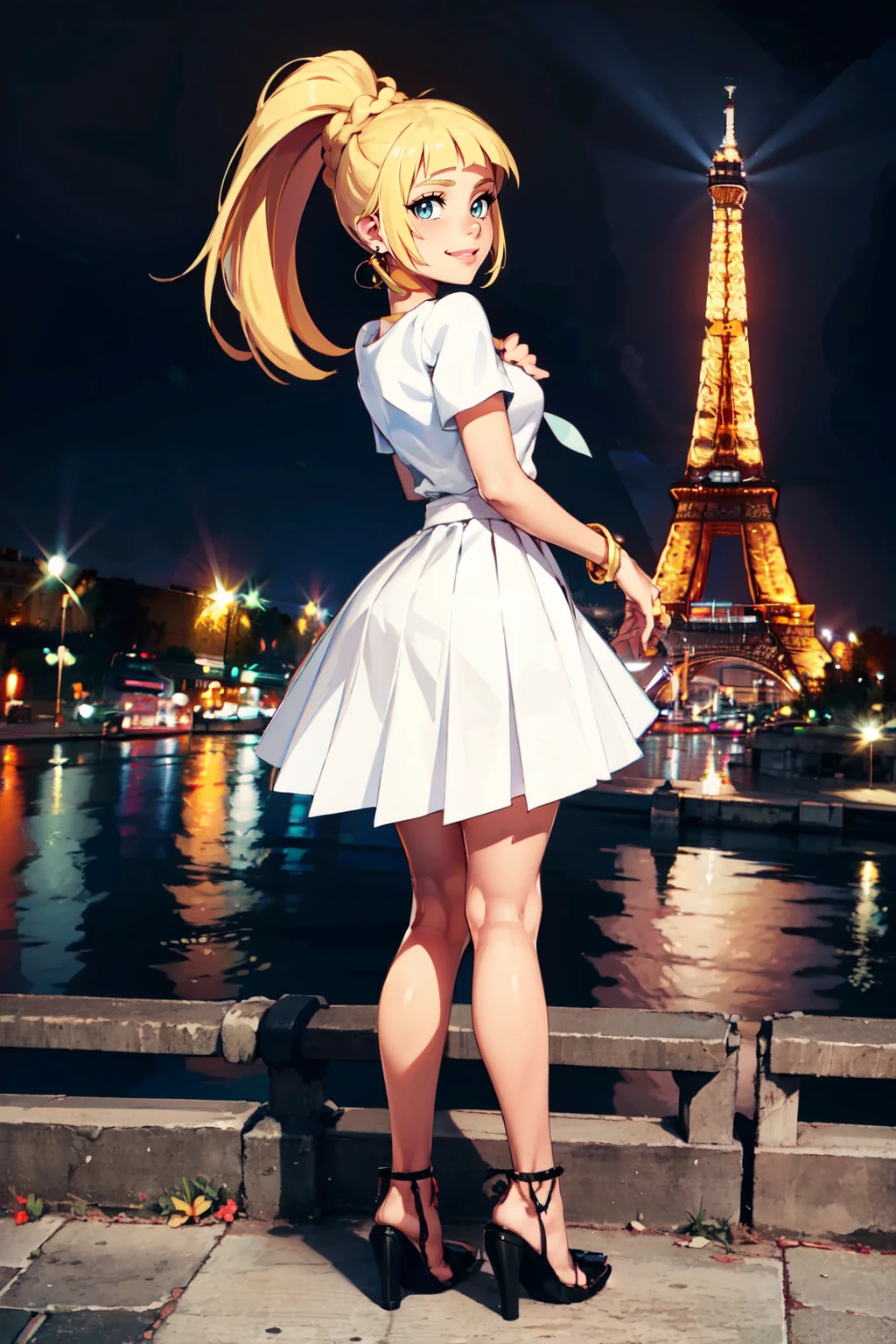 ((masterpiece,best quality)), absurdres, <lora:EiffelTower_v2:0.7>,   zzEiffelTower in background,  BREAK,  <lora:LilliePokemon_SD:0.8>, zzlillie, long hair, ponytail, French braid, white shirt, short sleeves, white skirt, pleated skirt,   jewelry, earrings, high heels, bracelet, night, full body, glowing,   BREAK, looking at viewer, smile,  from behind, sky,  looking at viewer,