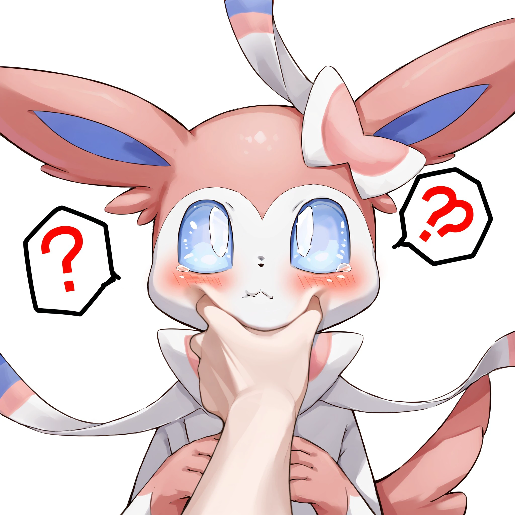 looking at viewer, blush, blue eyes, white background, closed mouth, solo focus, pokemon (creature), no humans, pov, ?, 1other, spoken question mark, pov hands, :i, cheek squash, sylveon, One Hand Grab, <lora:b0056eea-2d58-481f-95bd-00c5d4ee2fbc:0.7>