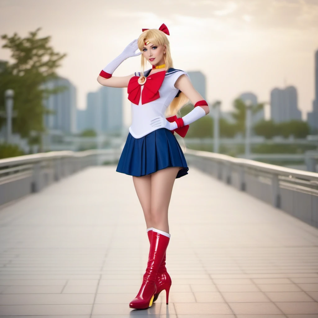 cinematic photo  1girl, blond hair, bow, sailor senshi uniform, skirt, sailor collar, gloves, high heels boots <lora:SailorMoonStyle1024:0.8> . 35mm photograph, film, bokeh, professional, 4k, highly detailed