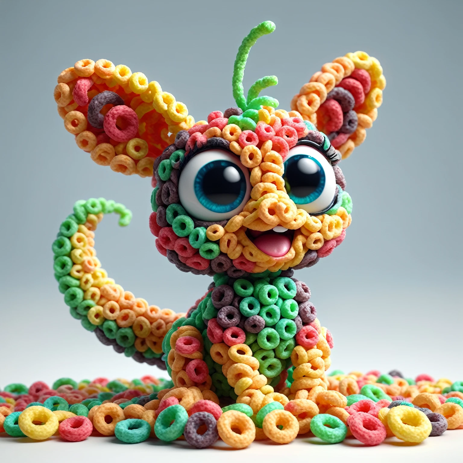 made of Fruit loops , epic digital picture of a Cute little creature, masterpiece, dramatic cinematic lighting, unforgettable, very intricate, high detail , photorealistic detail, ultra-realism , photorealistic,  ultra detailed ,octane render,    <lora:FruitLoopStyle_epoch_9:0.4>