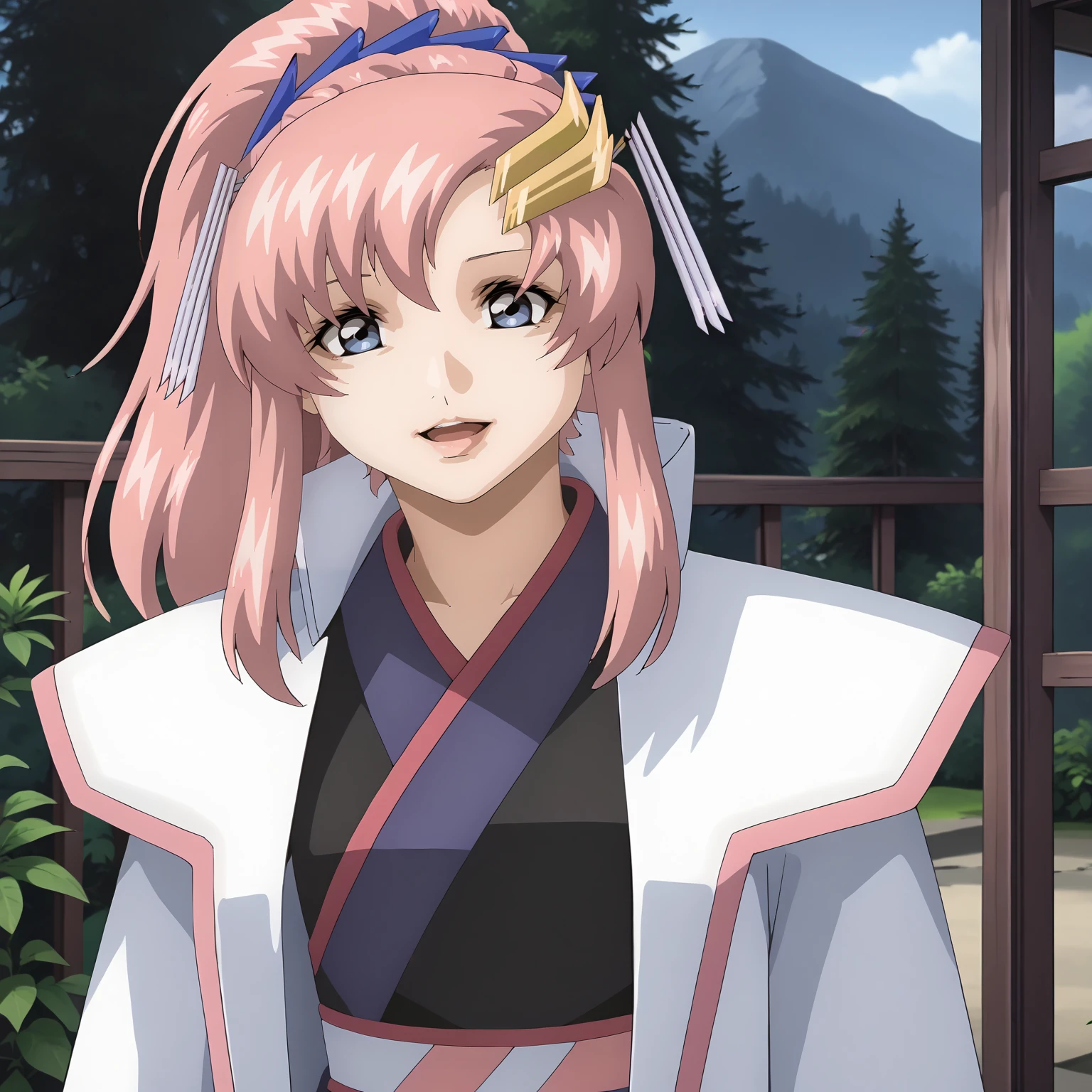 <lora:LacusClyneXLpony002>,
smile,looking at viewer,open mouth,
solo,
LacusClyne,1girl,pink hair,ponytail,blue eyes,
hair ornament,
white coat,kimono,
mini skirt,
outdoors,nature,
standing,upper body,