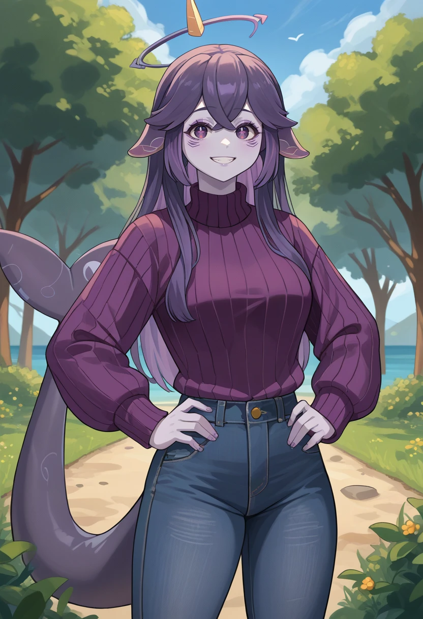 score_9, score_8_up, source_anime, 1girl, solo, MegalodonVTuber, long hair, hair flaps, halo, cetacean tail, colored skin, outdoors, sweater, ribbed sweater, jeans, hands on hips, smile, <lora:ChamMegalodonPonyXL:1>