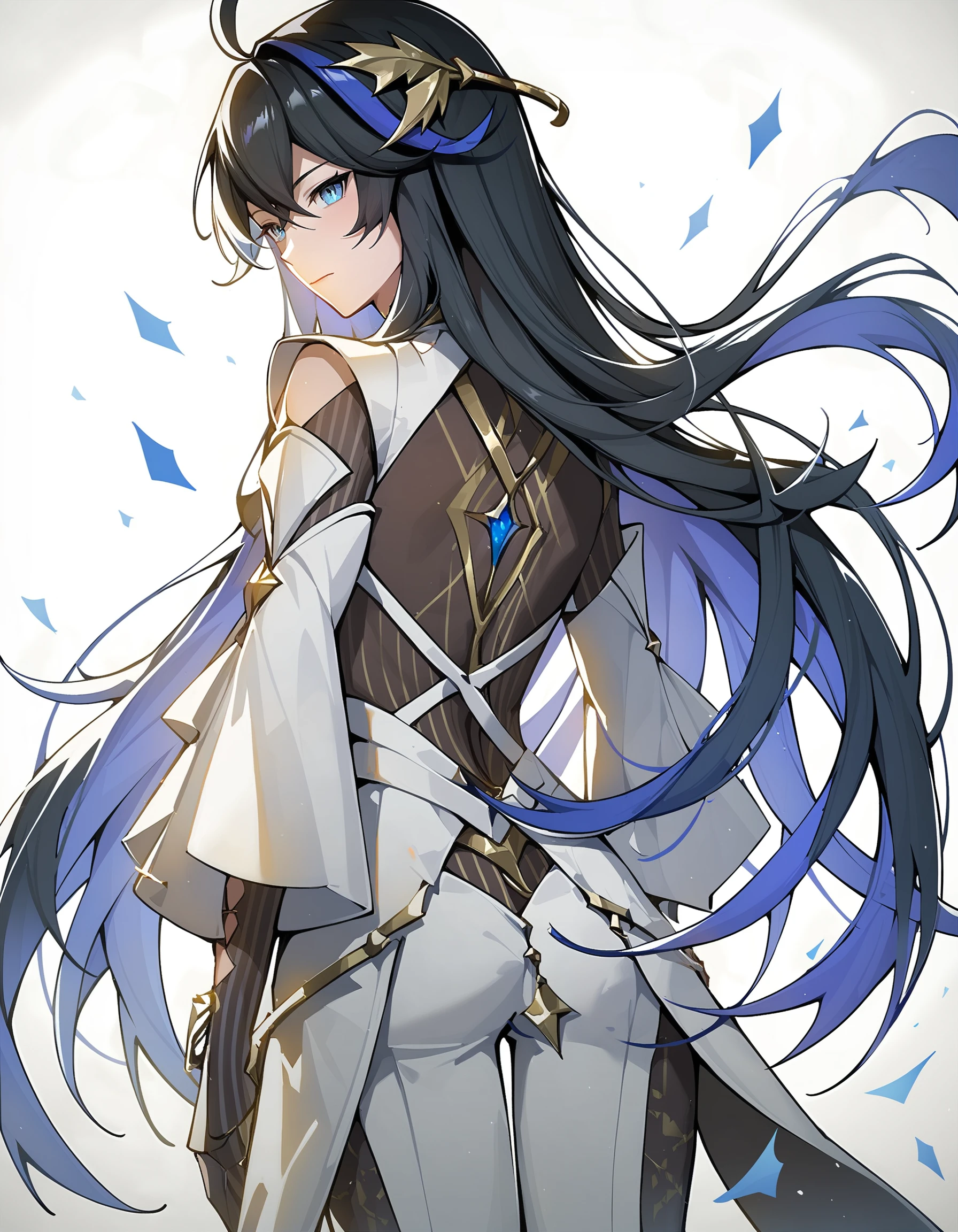 score_9,score_8_up,score_7_up,
<lora:aerwen_pony:1>,aerwen,anotherstyle,1girl,solo,long hair,looking back,looking at viewer,white background,black hair,from behind,blue eyes,white dress,bangs,hair ornament,multicolored hair,dress,closed mouth,hair between eyes,blue hair,very long hair,long sleeves,