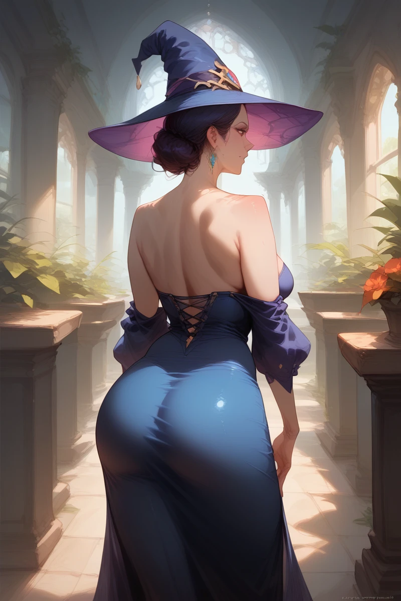 zPDXL2, score_9, score_8_up, score_7_up, Expressiveh, rating_questionable, pin up art portrait, detailed painting, high quality, mall scenery, 1girl, from behind bending over, witch dredd_witch