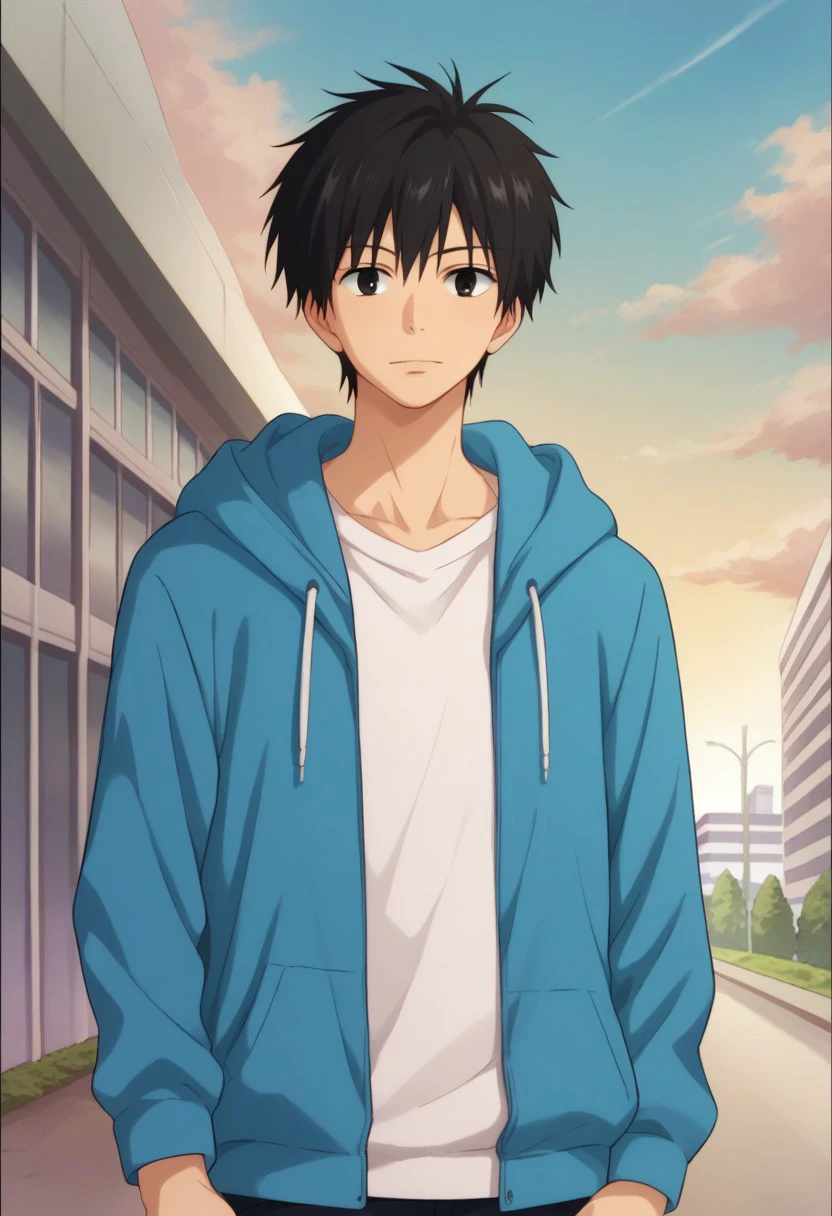 score_9, score_8_up, score_7_up, source_anime, highly detailed,
kazahaya, 1boy, male focus, solo, black hair, upper body, black eyes, hoodie, hood, pants,
outdoor, buildings, sky,