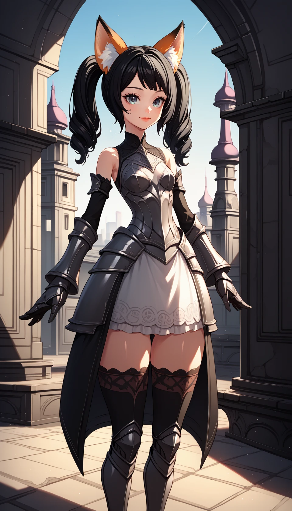 score_9, score_8_up, BREAK
solo, elinxl, black hair, fox ears, twintails, 
black and white dress, detached sleeves, gothic style, thighhighs, armored dress, armored gloves, 
looking at viewer, closed mouth, light smile, straight-on, 
outdoors, 
detailed background, 
colorful, drop shadow, light particles, 
masterpiece, best quality, very aesthetic, absurdres, 
<lora:Elin_Pony:1>