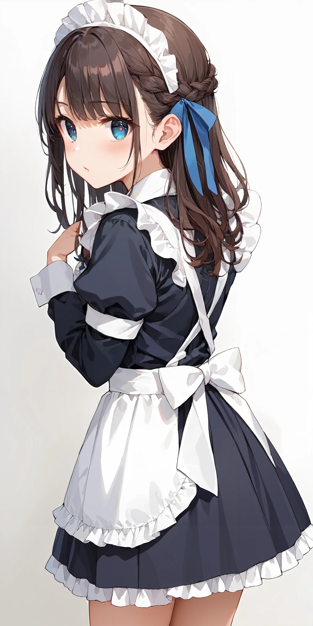 score_9, score_8_up, score_7_up,(source_anime:1.2), high res image,masterpiece,best quality,girl,cute face,clear skin,shiny hair,ultra detailed eyes,simple background,   <lora:half up braid_pony_V1.0:0.8> half up braid,ribbon,from behind ,  long hair <lora:maid_Pony_V1.0:0.6> jyojifuku,maid, frills