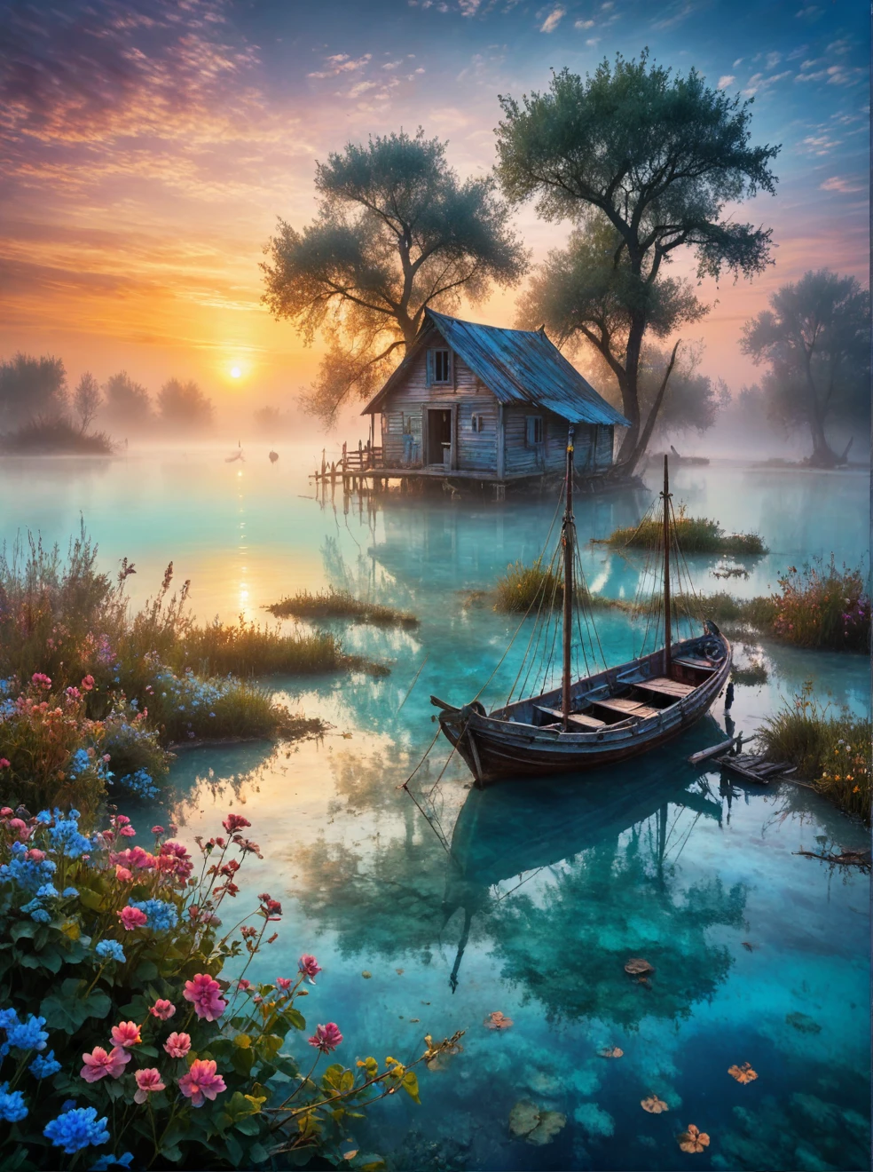 Grunge style a sailing ship,in a lagoon,cristal clear water,fisherman's hut on ground,sunset,fog atmosphere,blue light,colorful,romanticism art,(landscape art stylized by Karol Bak:1.3),short lighting,F/1.8,extremely beautiful,distressed,vintage,dirty,noisy,flowers,trees