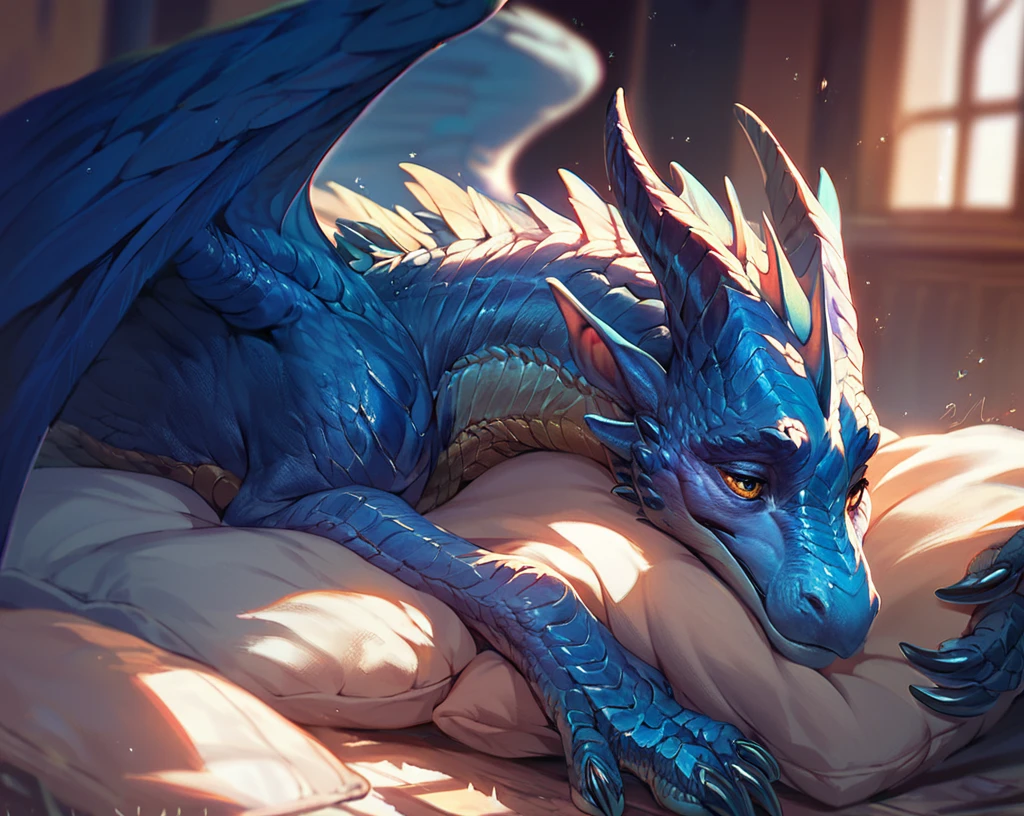 (score_9:1.5), (score_8_up:1.2), score_7_up, score_6_up, sleepy male blue dragon with yellow eyes is hugging a large pillow inside a castle, solo, reptile, cute, claws, feathered wings, detailed scales, morning, comfy  <lora:ponydragon-xl-v1:1>, feral