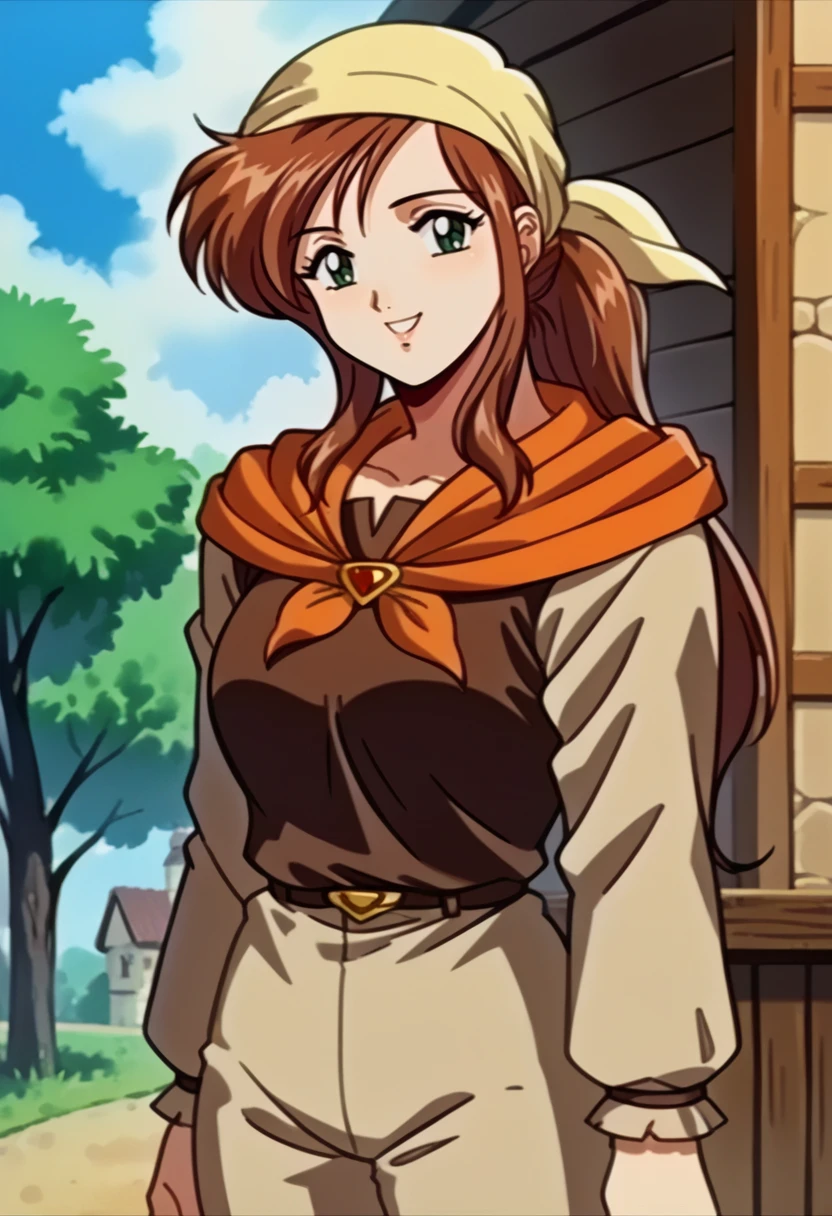 score_9, score_8_up, score_7_up, source_anime BREAK solo, 1girl, <lora:Fates-villager-maiden-pdxl_Fp-000005:1>, fatesvillagemaiden, ponytail, long hair, bandana, brown hair, green eyes, brown shirt, long sleeves, neckerchief, pants, smile,  <lora:FeOva-pdxl_Fp:1>. 1990s \(style\), retro artstyle, village, looking at viewer,