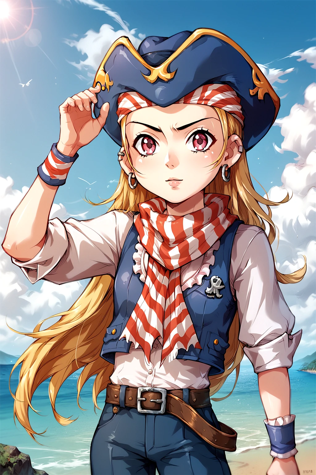 score_9, score_8_up, score_7_up, score_6_up, score_5_up, score_4_up, 1girl, nsfw, source_anime, solo, Kyrin, blonde hair, long hair, red and white striped bandana, pirate hat, pink eyes, red and white striped scarf, vest, shirts, wristband, belt, pants, <lora:Kyrinpony:0.75>, <lora:Concept Art Eclipse Style LoRA_Pony XL v6:0.6>, kid