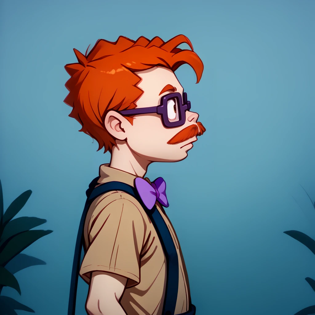 <lora:Charles_Norbert_Chas_Finster_-_Rugrats_-_1992-10:1.35>1boy, male focus, solo, glasses, mustache, square framed glasses, red hair, orange hair, bow, bowtie, purple bowtie, striped yellow shirt, suspenders, shirt, short sleeves, yellow shirt, pants, side view, profile, source_cartoon, score_9, score_8_up, score_7_up,